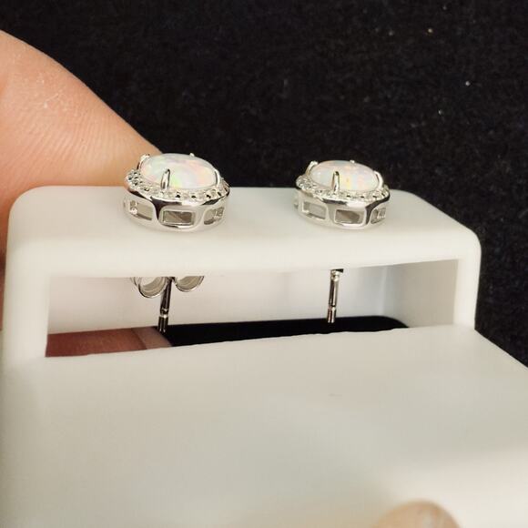 Beautiful Genuine White Opal & Moissanite Halo Stud Earrings 925~New~Retail $149 - Picture 3 of 12